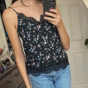 Black Patterned Camisole w/ Lace Trim